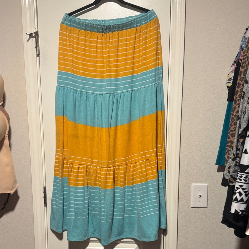 LuLaRoe Yellow and Teal Striped Maxi Skirt